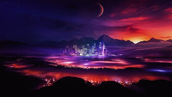 planet, Bulan, bintang, ruang, gunung, lampu, langit malam, kota, pemandangan panorama, berwarna-warni, Wallpaper HD HD wallpaper