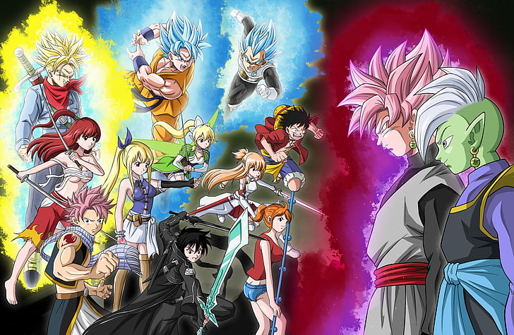 Anime, Crossover, Goku, Kazuto Kirigaya, Monkey D. Luffy, Nami (One Piece), Natsu Dragneel, Trunks (Dragon Ball), Vegeta (Dragon Ball), HD wallpaper
