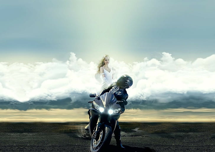 Моторист, ангел-пазител, облаци, HD тапет