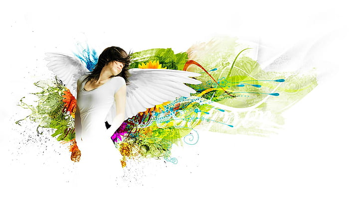 Angel Art, girl, nature, colorfull, colors, photoshop, abstract, fantasy, heaven, angel, wings, 3d and abstra, HD wallpaper