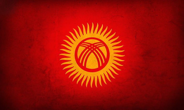 黄色と赤の太陽ロゴ、赤、旗、キルギスタン、キルギスタン、 HDデスクトップの壁紙