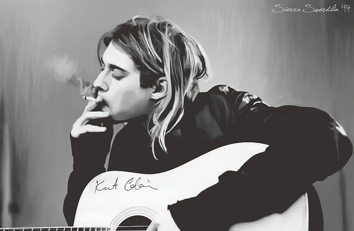 Kurt Cobain, Nirvana, guitarra, monocromo, filigrana, dibujo, ilustraciones, fumar, cigarrillos, humo, instrumento musical, mirar abajo, cabello liso, grunge, bokeh, Fondo de pantalla HD