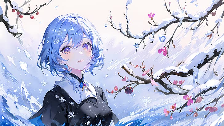 Ganyu (Genshin Impact), snow, blue hair, Plum blossom, AI art, HD wallpaper