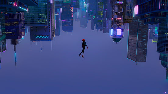cyberpunk, skyscraper, upside down, animated movies, Spider-Man, Miles Morales, Marvel Comics, Spider-Man: Into the Spider-Verse, HD wallpaper HD wallpaper
