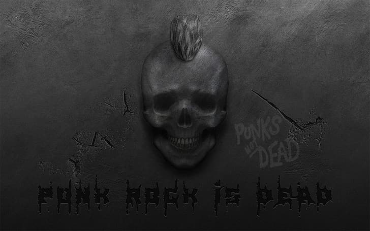 agrietado, pared, cráneo, Mohawk, punk rock, punk rock está muerto, punks no muertos, punks vivos, Fondo de pantalla HD