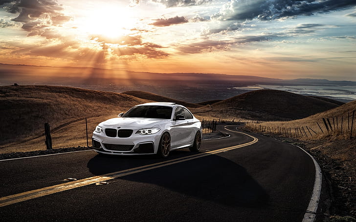 BMW M235i white car, sunset, clouds, road, BMW, White, Car, Sunset, Clouds, Road, HD wallpaper