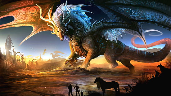 draghi, drago, opera d'arte, mito, creatura mitica, arte, personaggio immaginario, mitologia, Sfondo HD HD wallpaper