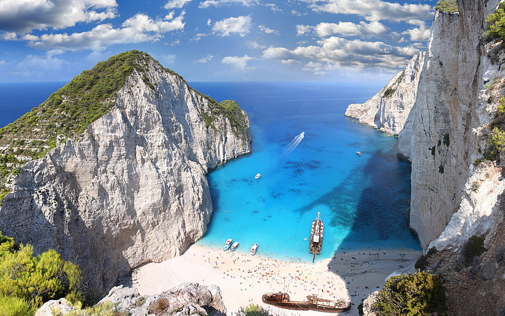 Zacinto, Grecia, montagne, oceano blu, spiaggia, isola, paesaggio, Sfondo HD