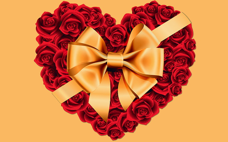 Hati Mawar Besar dengan Busur Emas, ilustrasi bunga merah hati, Cinta,, bunga, jantung, Wallpaper HD
