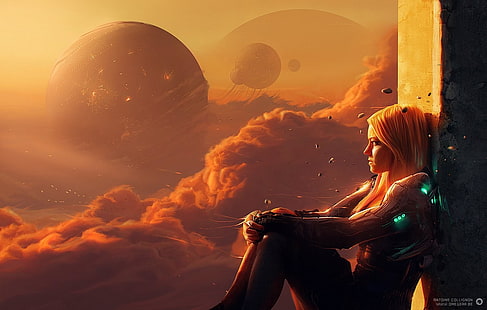 kobieta w szarym garniturze, cyberpunk, niebo, science fiction, Tapety HD HD wallpaper