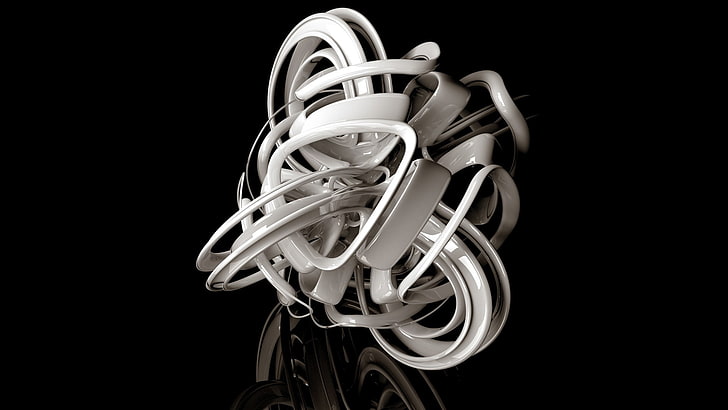 white earphones, digital art, black background, minimalism, 3D, abstract, reflection, shiny, white, HD wallpaper