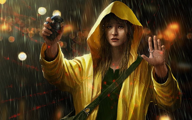 trabalho artístico, chuva, granadas, mulheres, capuzes, braços para cima, chorando, triste, OmeN2501, segurando uma granada, capa de chuva amarela, garota na chuva, HD papel de parede