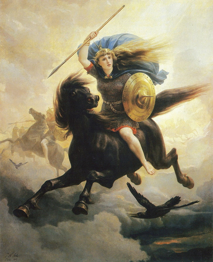 woman riding horse with shield painting, valkyries, artwork, norse, mythology, HD wallpaper