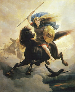 woman riding horse with shield painting, valkyries, artwork, norse, mythology, HD wallpaper HD wallpaper