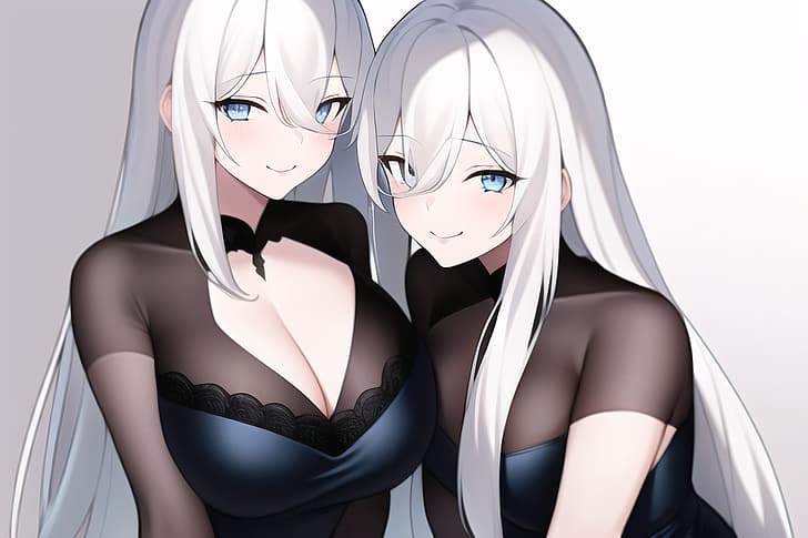 Anime-Mädchen, Zwillinge, weißes Haar, blaue Augen, große Brüste, Kleid, blaues Kleid, schwarzes Kleid, verführerisches Lächeln, Blick auf den Betrachter, einfacher Hintergrund, weißer Hintergrund, HD-Hintergrundbild