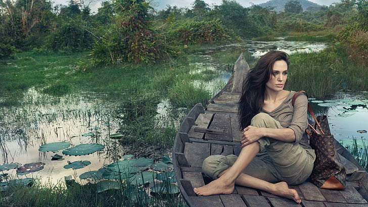 gray dressed woman on gray boat, Angelina Jolie, Most Popular Celebs in 2015, actress, brunette, HD wallpaper