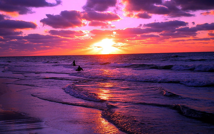 seashore, sunset, landscape, purple, orange, waves, beach, nature, coast, sea, water, clouds, HD wallpaper