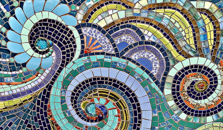 design, mosaic, wall, pattern, texture, stained glass, ornament, abstract drawing, sea waves, HD wallpaper