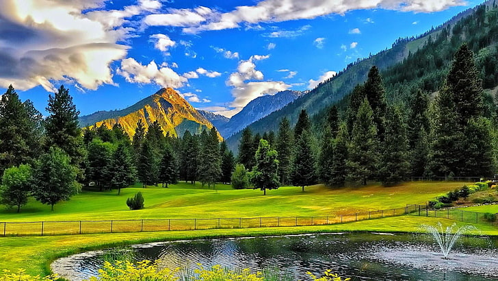 alam, kolam, langit, lapangan, pemandangan gunung, air mancur, gunung, pegunungan, padang rumput, Wallpaper HD