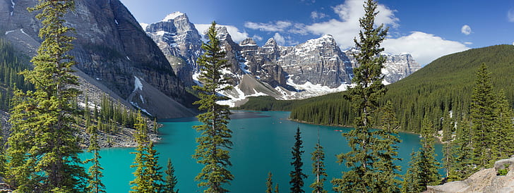 fotografia krajobrazowa jeziora otoczonego lasami i górami w ciągu dnia, dolar, widok, fotografia krajobrazowa, las, góry, w ciągu dnia, Kanada, Banff, jezioro morenowe, przyroda, góry, scenics, krajobraz, jezioro, na zewnątrz, alberta, park narodowy banff, woda, drzewo, Tapety HD