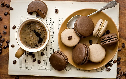Xícara de café Cookies Macaron, café, biscoitos, macaron, HD papel de parede HD wallpaper