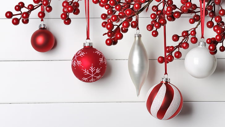 christmas ornament, christmas decoration, christmas, decor, christmas ball, red and white, seasonal, holiday, xmas, 8k uhd, HD wallpaper
