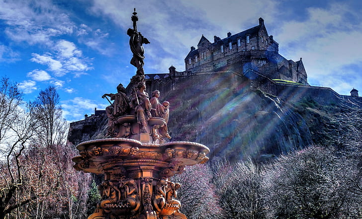 Bäume, Schloss, Schottland, Hügel, Brunnen, Edinburgh, Edinburgh Castle, Ross Fountain, Princes Street Gardens, HD-Hintergrundbild