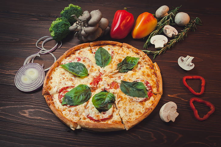 food, vegetables, pizza, HD wallpaper