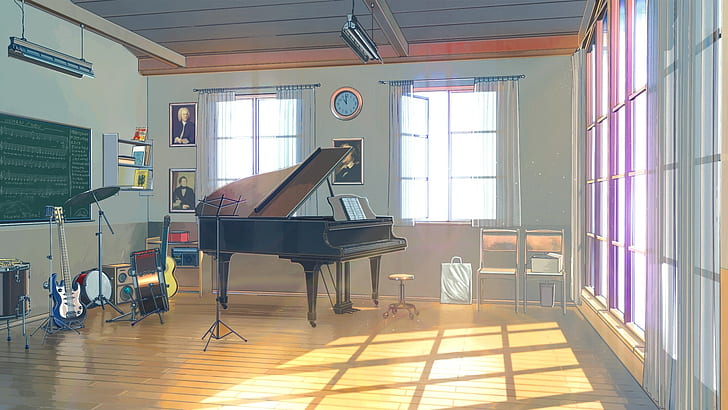 аниме класна стая, пиано, инструменти, слънчева светлина, аниме, HD тапет