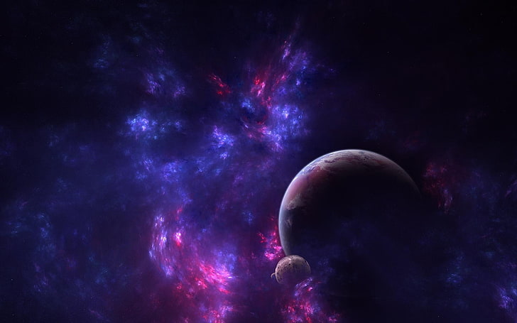 fioletowa i czarna planeta cyfrowa tapeta, galaktyka, fioletowy, niebieski, planeta, księżyc, 3D, przestrzeń, Tapety HD