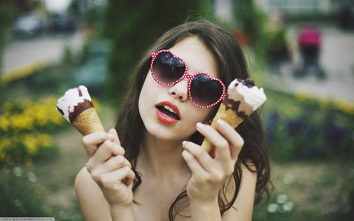 brunette, Ice Cream, Red Lipstick, sunglasses, women, HD wallpaper