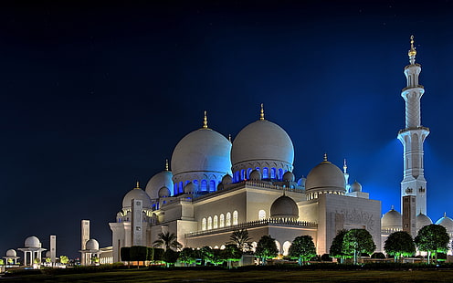 Sheikh Zayed Grand Mosque In Center Abu Dhabi Night Photography Skrivbordsunderlägg Hd Upplösning 1920 × 1200, HD tapet HD wallpaper