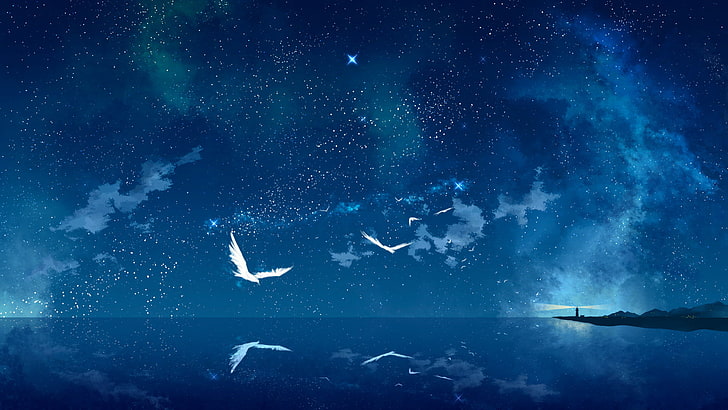 papel de parede digital de aves perto do mar, anêmonas do mar, pássaros, anime, céu, estrelas, noite, arte digital, farol, natureza, ciano, azul, reflexão, HD papel de parede