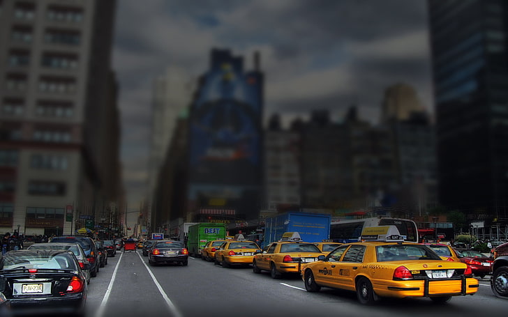 иллюстрация желтого такси, нью-йорк, манхэттен, такси, дорога, HD обои