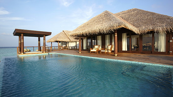 Anantara Kihavah Villas, Мальдивы, курорт, бассейн, океан, море, вода, путешествия, бронирование, отдых, отель, небо, синий, лучшие места для дайвинга в мире, HD обои HD wallpaper