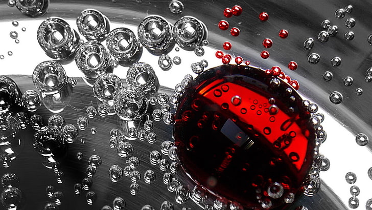 red and clear water droplets, form, drops, liquid, HD wallpaper