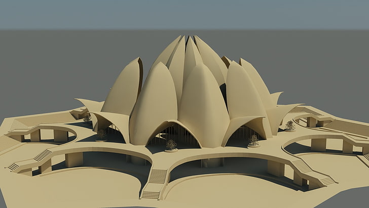architecture, religious, temple, render, CGI, New Delhi, India, lotus flowers, digital art, HD wallpaper