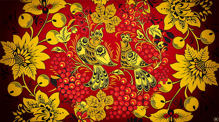 Flowers, Red, Bird, Birds, Style, Background, Painting, Art, Khokhloma, Khokhloma painting, madeinkipish, Ivan Ivanovich, Russian painting, HD wallpaper