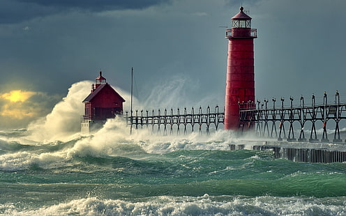赤い灯台、灯台、海、嵐、 HDデスクトップの壁紙 HD wallpaper