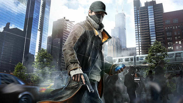 the sky, trees, clouds, the city, gun, weapons, people, home, Chicago, the car, phone, cap, cloak, Ubisoft, sweater, Watch Dogs, Aiden Pierce, Aiden Pearce, Watchdogs, HD wallpaper