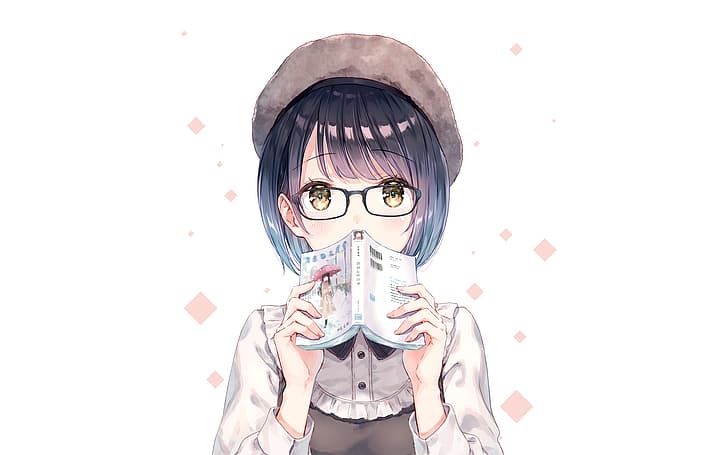 Anime, anime girls, white background, glasses, yellow eyes, books, blue  hair, HD wallpaper | Wallpaperbetter