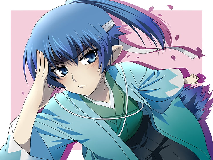 blue haired anime girl illustration, baka to test to shoukanjuu, girl, kimono, gesture, shadow, HD wallpaper