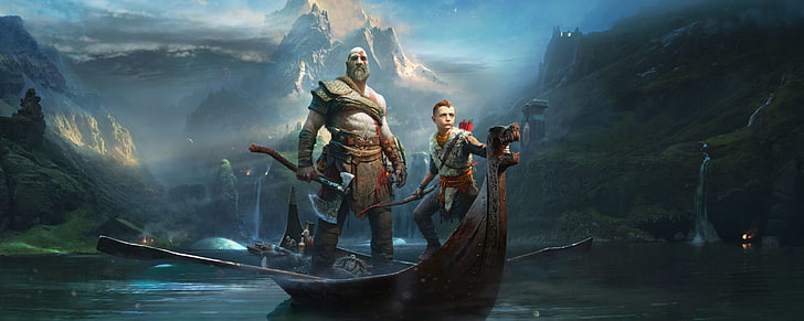 pria dan anak laki-laki memegang aplikasi digital wallpaper kapak, God of War (2018), Kratos, karakter video game, video game, God of War, Wallpaper HD