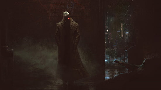 men's black coat, science fiction, futuristic city, robot, duster jacket, cyborg, cyberpunk, futuristic, HD wallpaper HD wallpaper