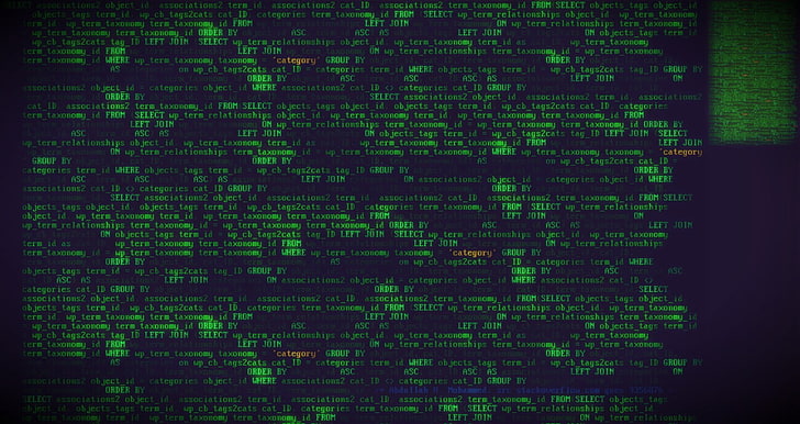 text matrix wallpaper, SQL, computer, minimalism, syntax highlighting, technology, hacking, green, programmers, MySQL, wordpress, computer code, HD wallpaper