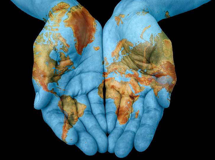 Mappa, palma dipinta di blu e marrone, Aero, Creativo, Spazio, Universo, Terra, Mani, Pace, religione, mappa del mondo, Sfondo HD