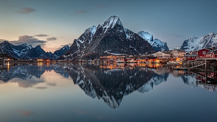 mountains, reflection, village, Norway, houses, the fjord, The Lofoten Islands, Lofoten Islands, Pure, The Rhine, HD wallpaper