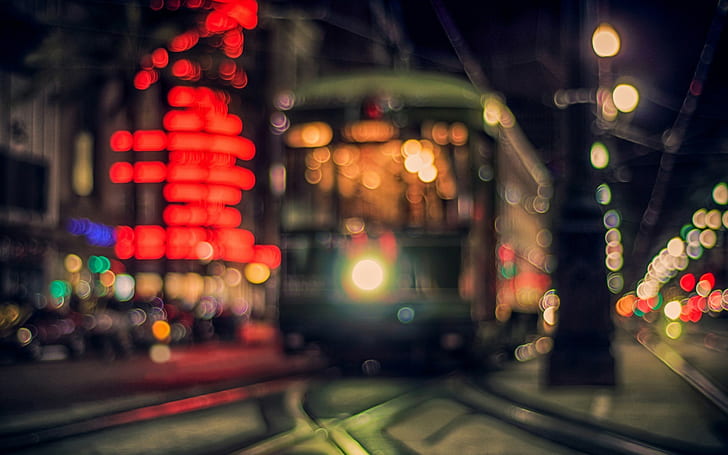 città, notte, luci della città, tram, bokeh, Sfondo HD
