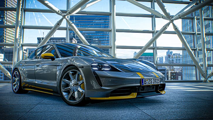 Porsche, Porsche Taycan, Porsche Taycan Turbo S, fibre de carbone, gris, argent, Gran Turismo Sport, capture d'écran, Fond d'écran HD