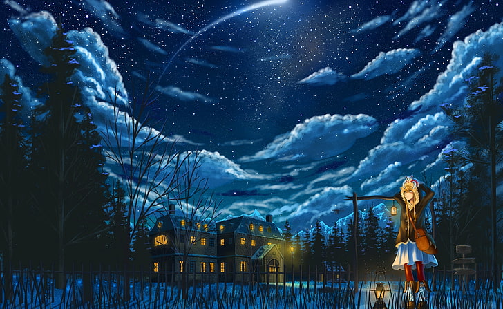 аниме момиче, нощ, къща, облаци, звезди, небе, фенер, сняг, аниме, HD тапет